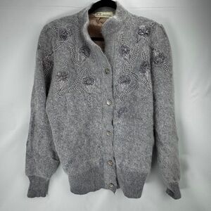Vintage 80s 90s Angora Wool Beaded Gray Floral Embellished Cardigan Sweater Sz L